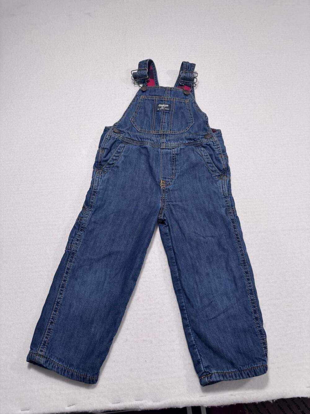 OshKosh B’gosh Toddler Denim Bib Overalls Red Plaid Lined Size 3T